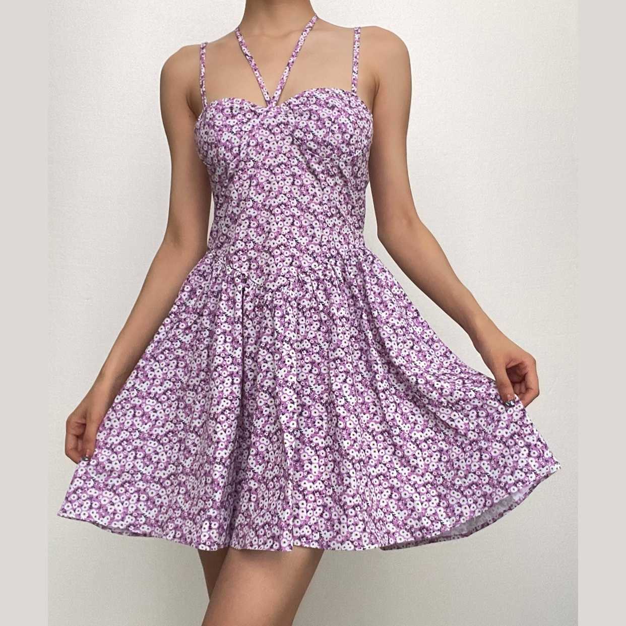 Sweetheart Neck Cross Halter Strap Ditsy Floral Print A Line Mini Dress