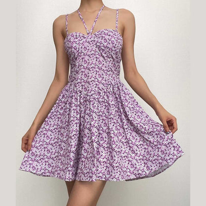 Sweetheart Neck Cross Halter Strap Ditsy Floral Print A Line Mini Dress