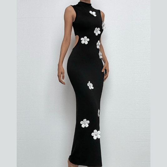 Sleeveless crewneck flower applique backless maxi dress