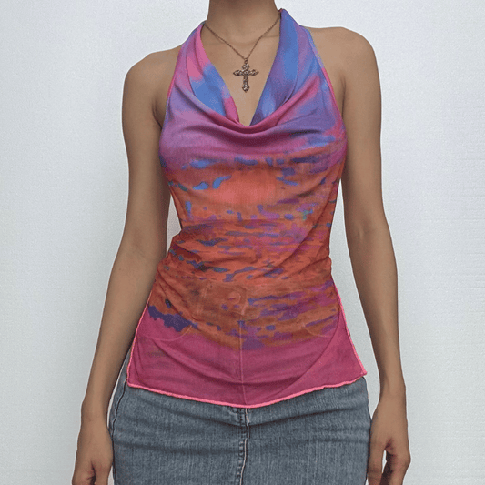 Halter cowl neck gradient print self tie top
