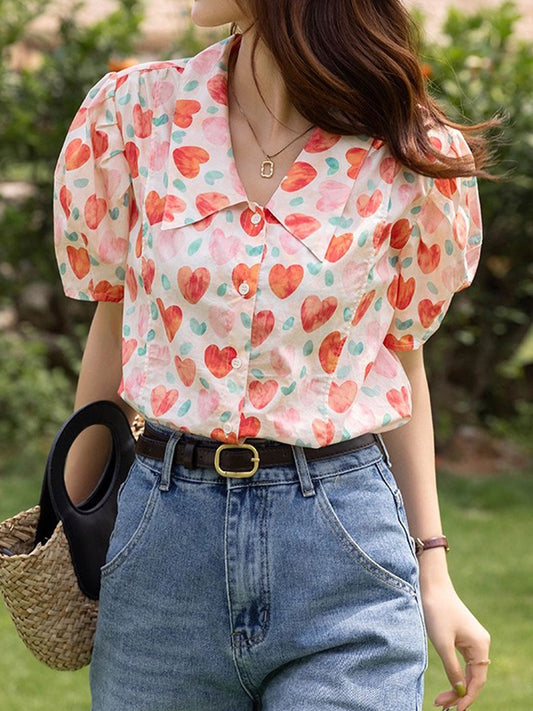 Camila Retro Polo Neck Puff Sleeve Floral Top
