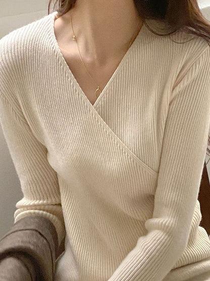 Jocelyn Casual V-Neck Solid Color Knitted Top-Black