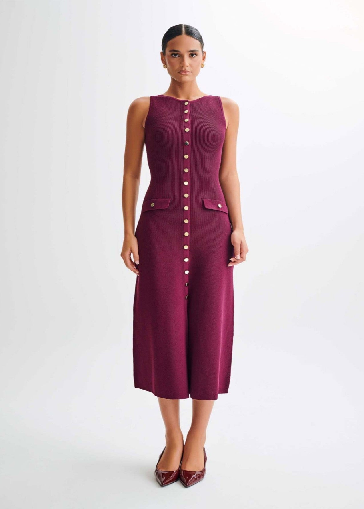 Juliette - Ribbed Knit Button Midi Dress