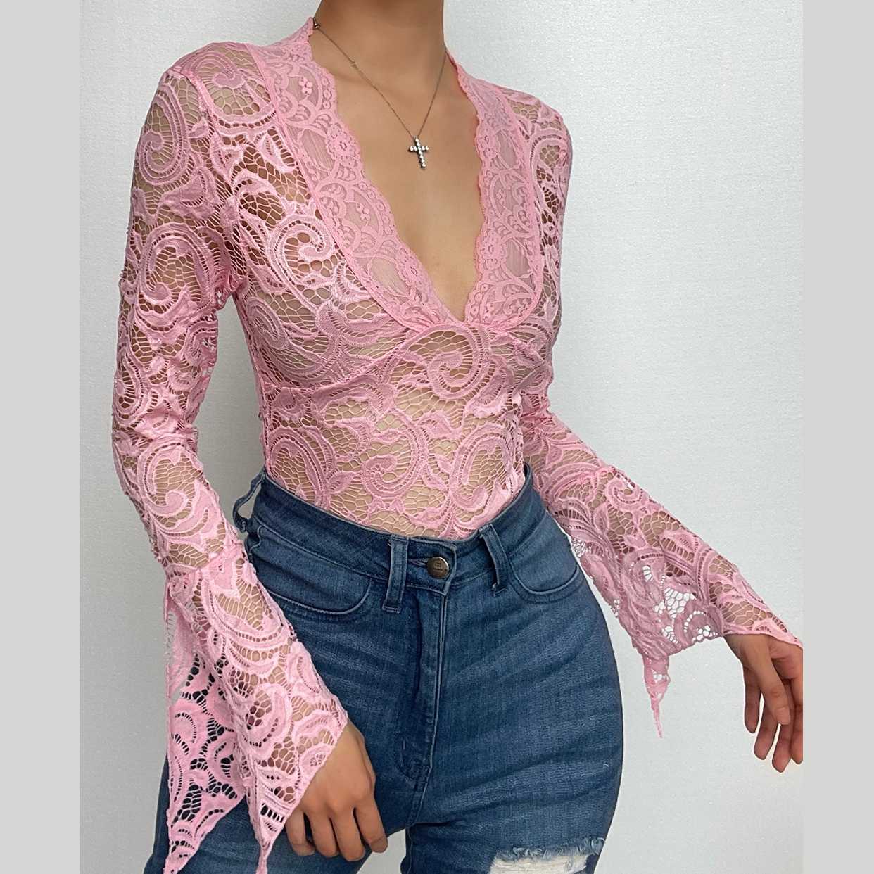 Flared sleeve v neck lace see through solid top-final-sale