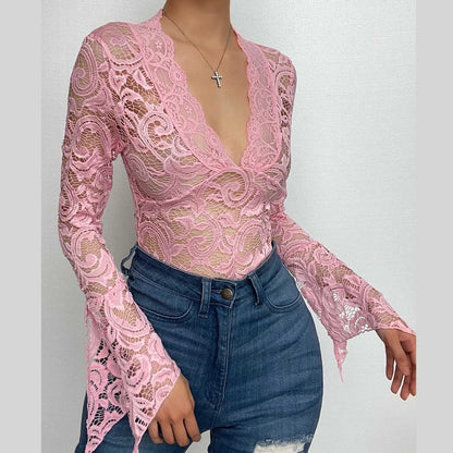 Flared sleeve v neck lace see through solid top-final-sale