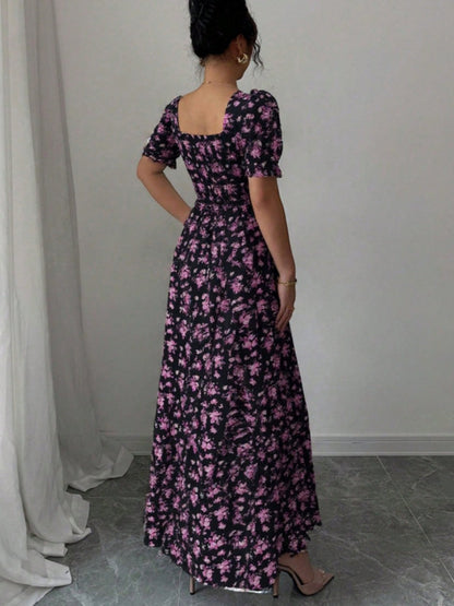 Floral Short Sleeve Square Collar Ruffle Vacation And Leisure Maxi Dresses