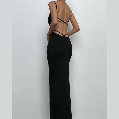 Lace up backless slit solid cami maxi dress-final-sale