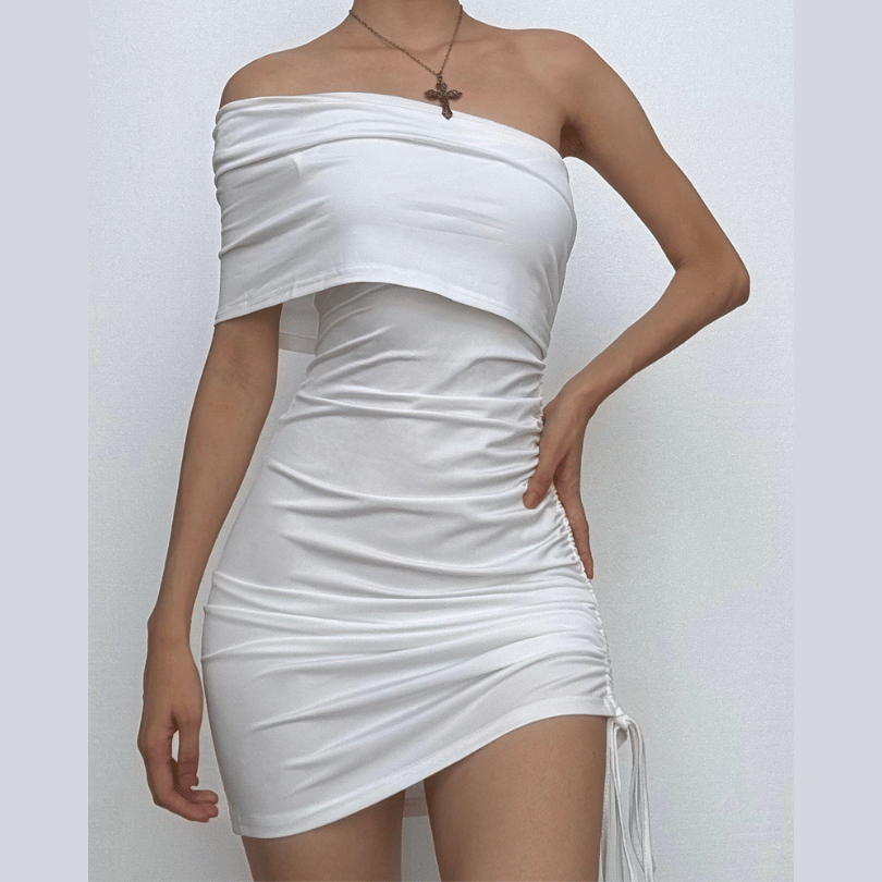 Off shoulder drawstring mini dress
