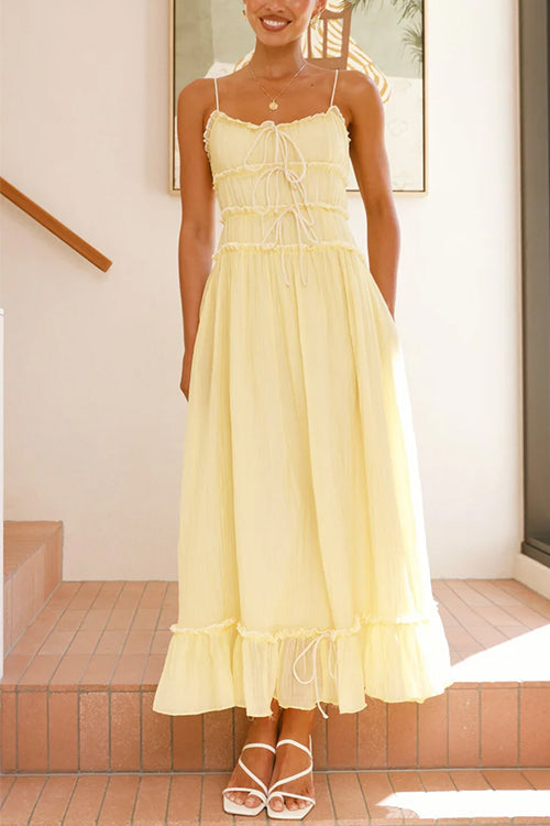 Meridress Spaghetti Strap Frill Trim Tie Bow Maxi Dress