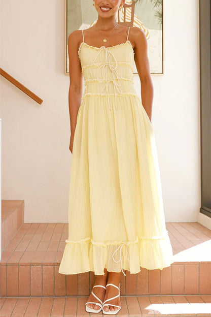 Meridress Spaghetti Strap Frill Trim Tie Bow Maxi Dress
