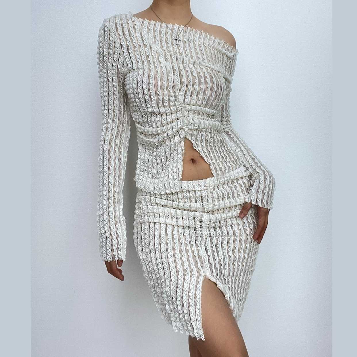 Textured off shoulder irregular long sleeve ruched slit mini skirt set-final-sale