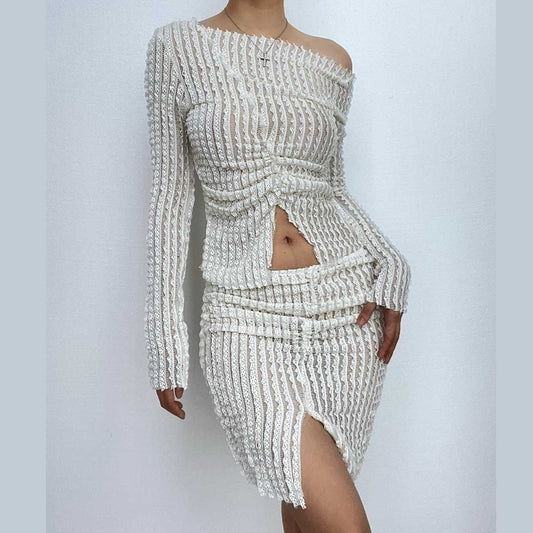 Textured off shoulder irregular long sleeve ruched slit mini skirt set-final-sale