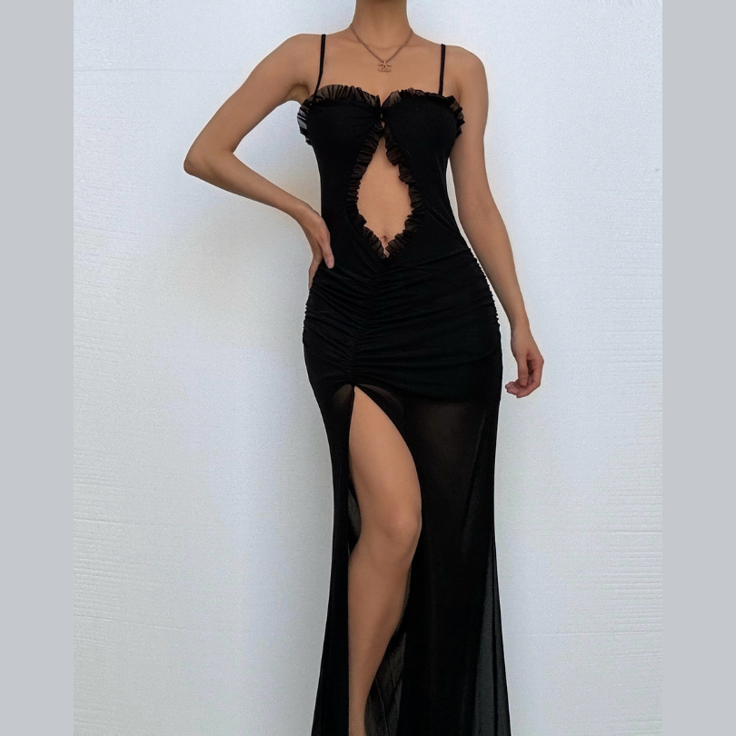 Hollow out mesh ruffle ruched cami cut out maxi dress