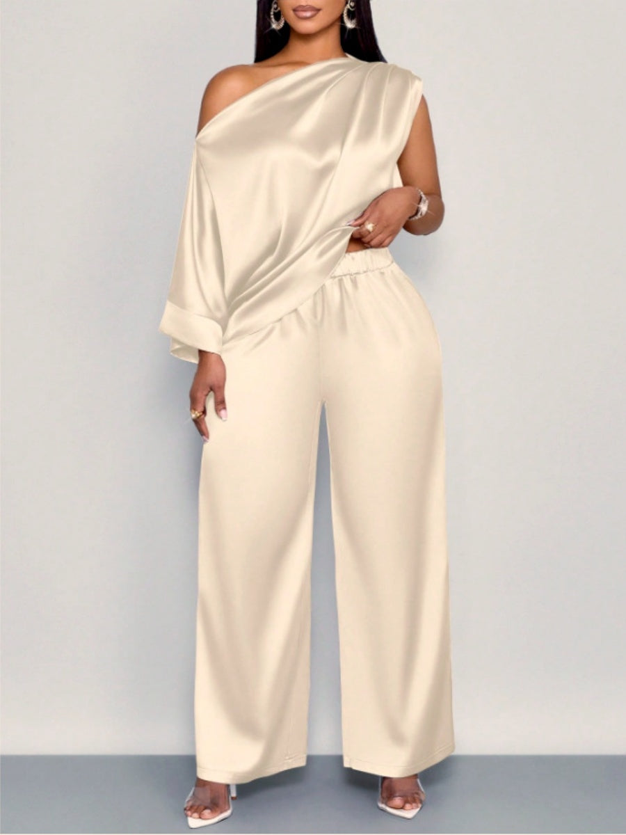 Satin Sloping Shoulders Short Sleeve Jacket Wide-leg Pants Set 2-piece Sets