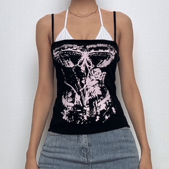 Halter body print patchwork backless cami top