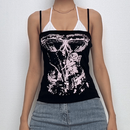 Halter body print patchwork backless cami top