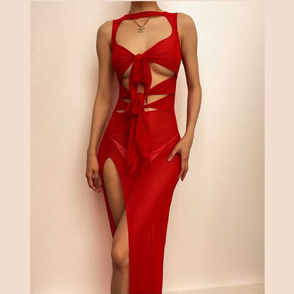 Sheer mesh see through knotted hollow out slit cut out maxi dress-final-sale