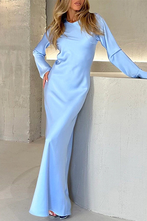 Round Neck Long Sleeves Satin Maxi Party Dress