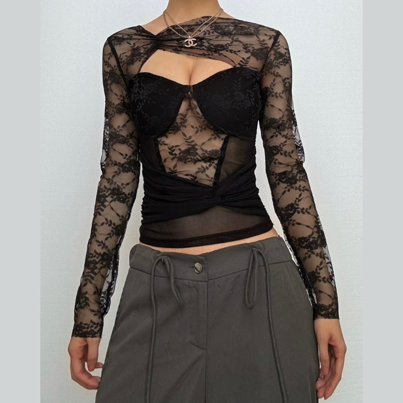 Long sleeve hollow out ruched lace cut out top