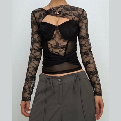 Long sleeve hollow out ruched lace cut out top