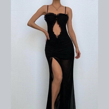 Hollow out mesh ruffle ruched cami cut out maxi dress-final-sale