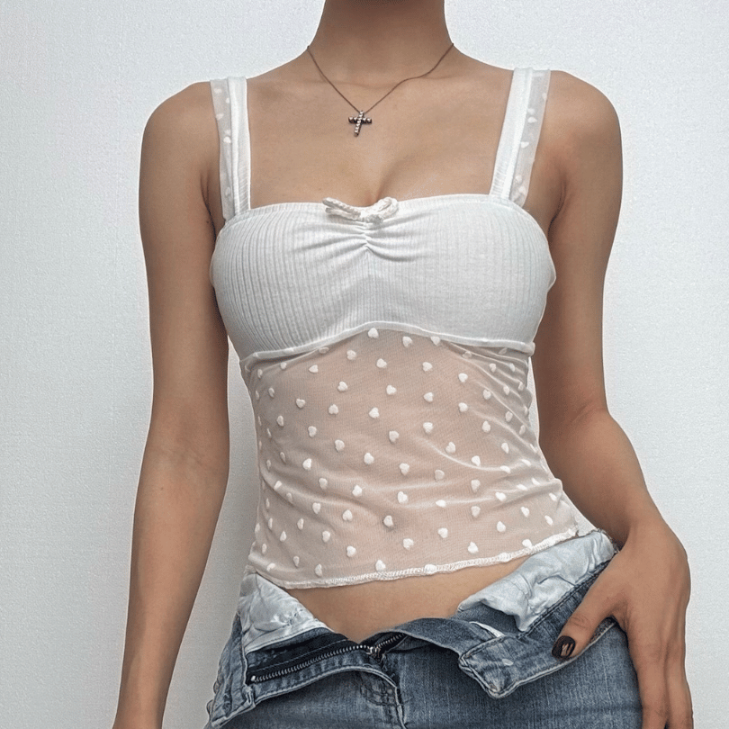 Bowknot ruched heart print mesh cami top