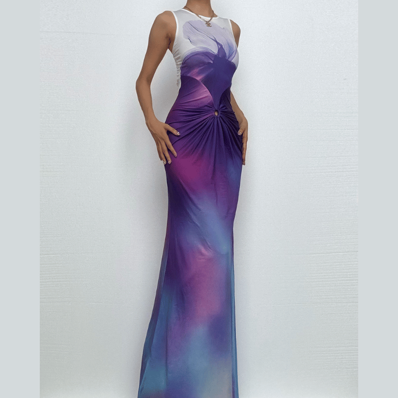Sleeveless tie dye o ring ruched maxi dress