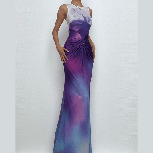 Sleeveless tie dye o ring ruched maxi dress