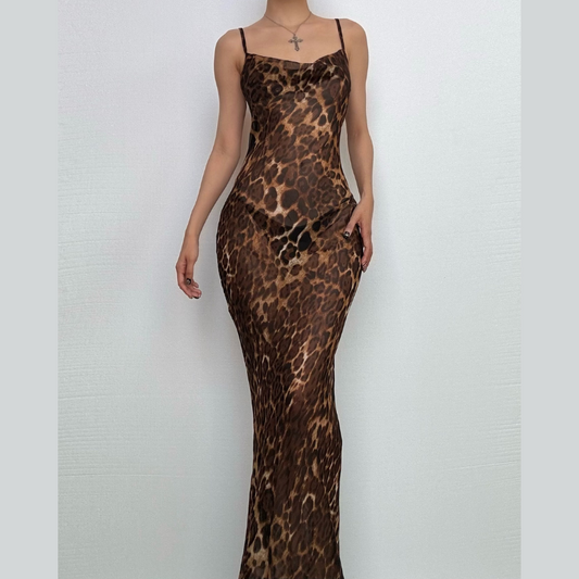 Leopard print cowl neck sheer mesh cami maxi dress