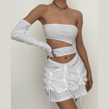 Solid irregular gloves off shoulder drawstring hollow out cut out mini dress