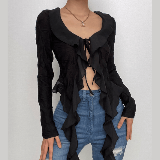Textured long sleeve ruffle self tie solid crop top