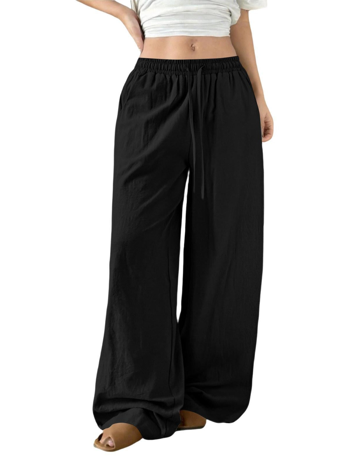 Solid Color Loose-fitting Drawstring Trousers