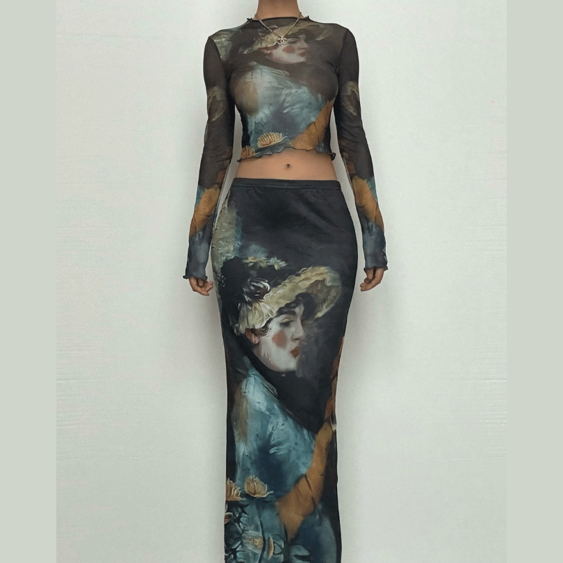 Long sleeve print sheer mesh ruffle crop top