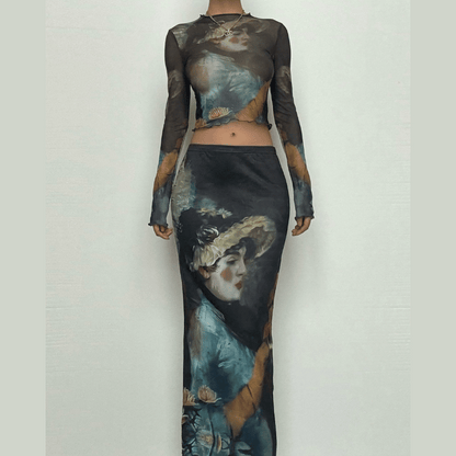 Long sleeve print sheer mesh ruffle crop top