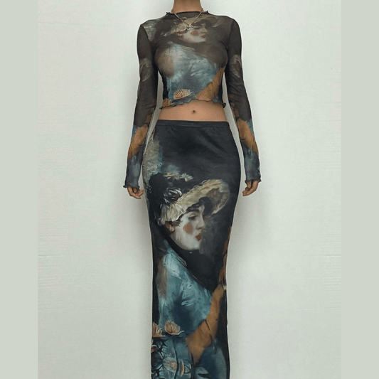Long sleeve print sheer mesh ruffle crop top