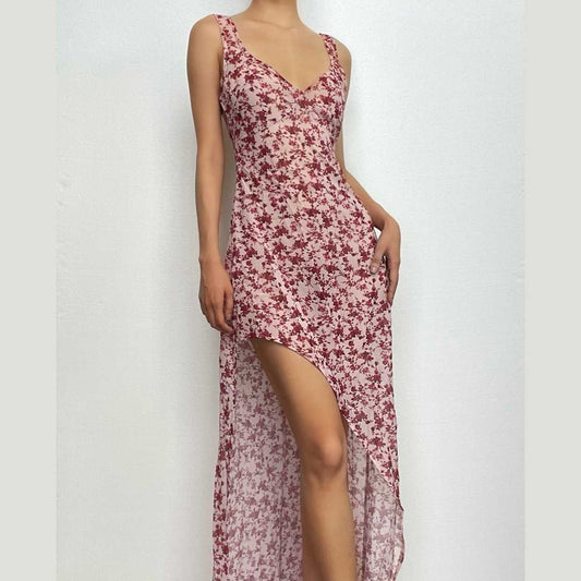 Chiffon flower print contrast backless v neck sleeveless maxi dress-final-sale