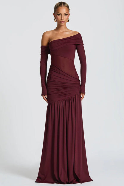 Off Shoulder Long Sleeve Mesh Panel Ruched High Split Maxi Dress