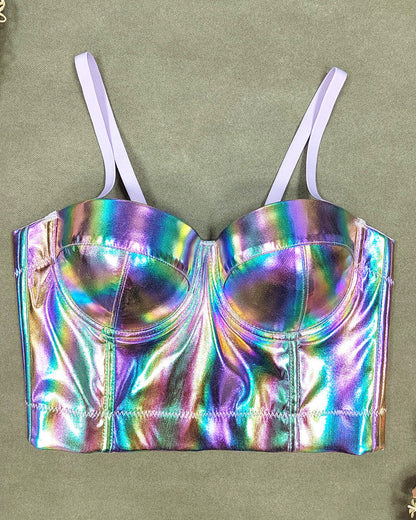 Fishbone Fluorescent Pu Leather Halter Top