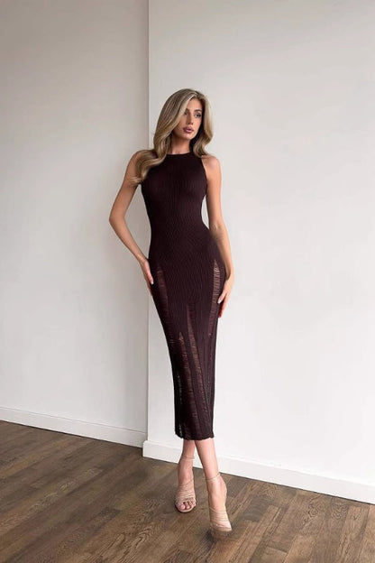 Waist Slim Hollow Knit Maxi Dress