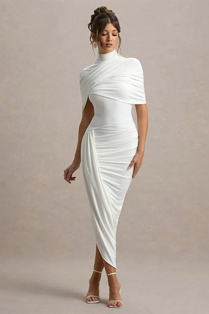 Mock Neck Crossover Ruched Draped Shoulder Wrap Bodycon Midi Dress