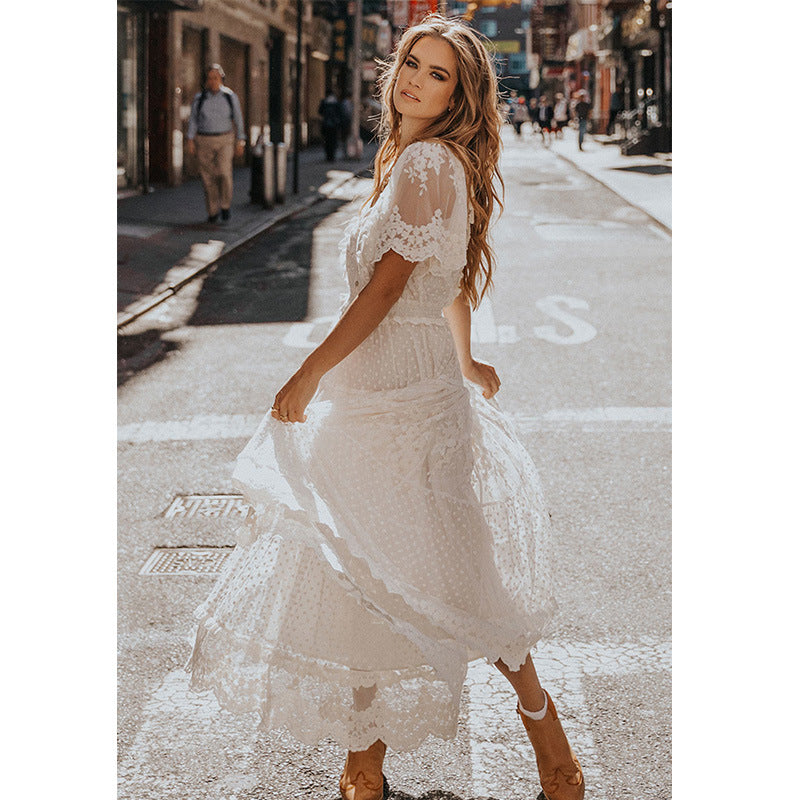 Wear V neck Short Sleeve Lace Dress