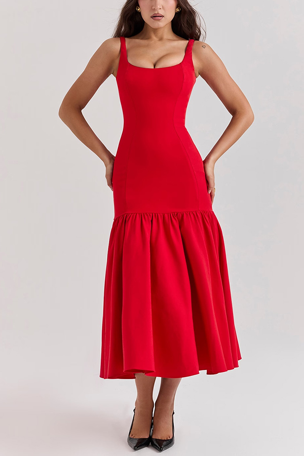 Graceful Silhouette Square Neck Wide Strap Drop Waist Midi Dress