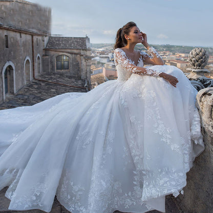Deep V-Neck Long Tail Wedding Dress