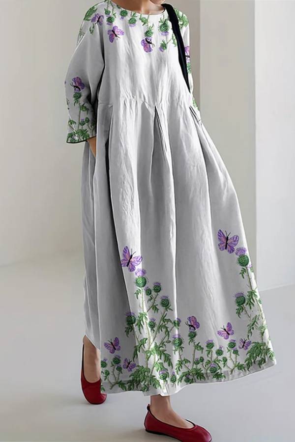 Scotland Thistle Print Crew Neck Loose Midi Dress