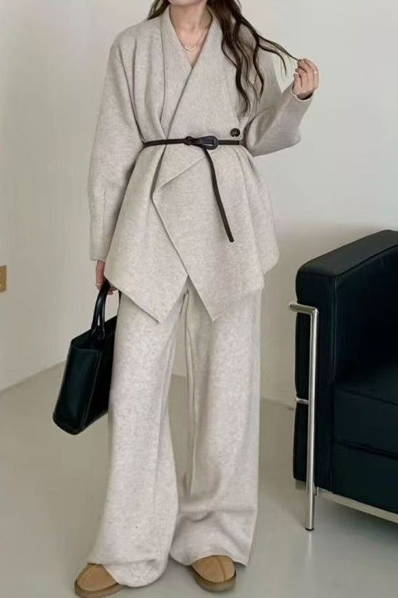 Loose Knit Big Collar Coat Wide-Leg Pants Two Piece Set