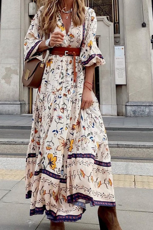 Bohemian Floral Print Long Sleeve Maxi Dress