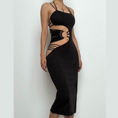 Irregular hollow out halter o ring cami slit cut out midi dress