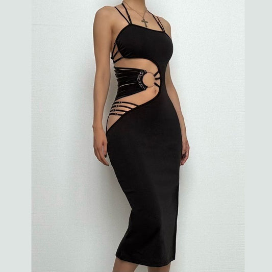Irregular hollow out halter o ring cami slit cut out midi dress