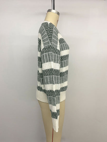 Women Pullover Sweater Hunter Green Two-Tone Jewel Neck Long Sleeves Layered Acrylic Sweaters