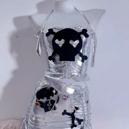 Halter metallic skull pattern ruched mini skirt set